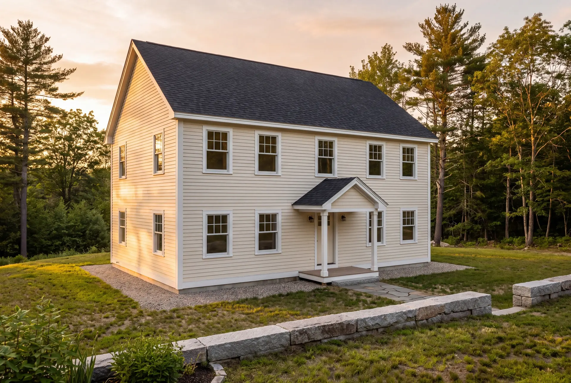 Illustration: A newly built two-story house with light-colored siding and a dark roof, set against a backdrop of trees and a sunset sky