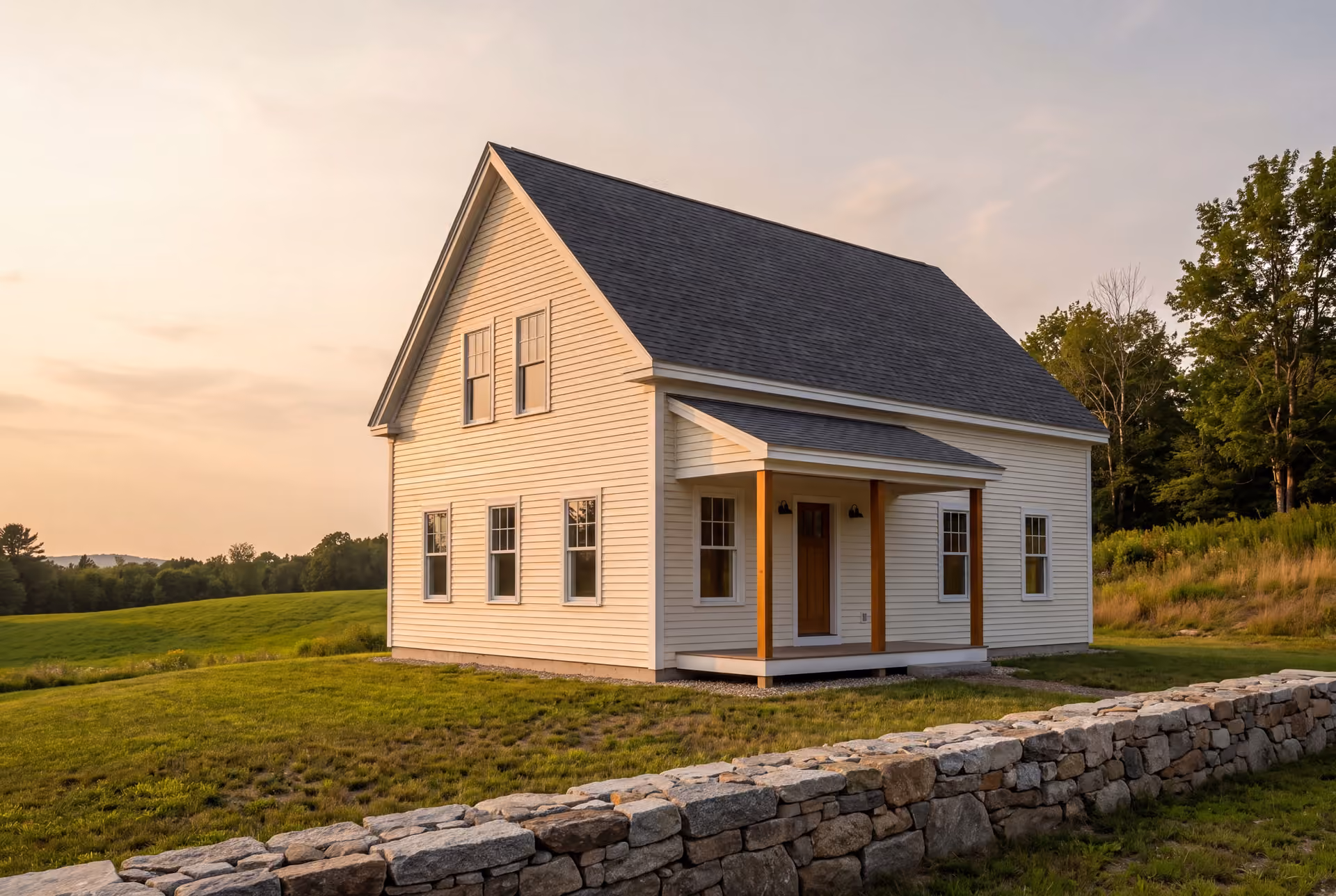 custom home builder in Lyman, ME: illustrative scene, A freshly completed compact farmhouse with ivory siding and a charcoal roof, featuring a covered entry and white-trimmed windows, set in a rural landscape with a stone wall in the foreground