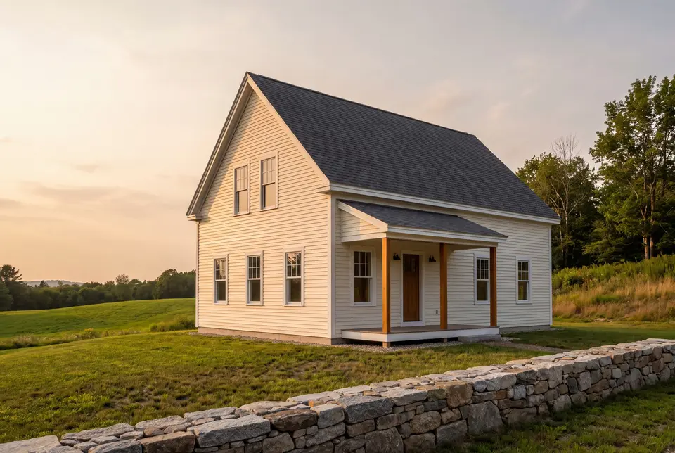 custom home builder in Lyman, ME: illustrative scene, A freshly completed compact farmhouse with ivory siding and a charcoal roof, featuring a covered entry and white-trimmed windows, set in a rural landscape with a stone wall in the foreground