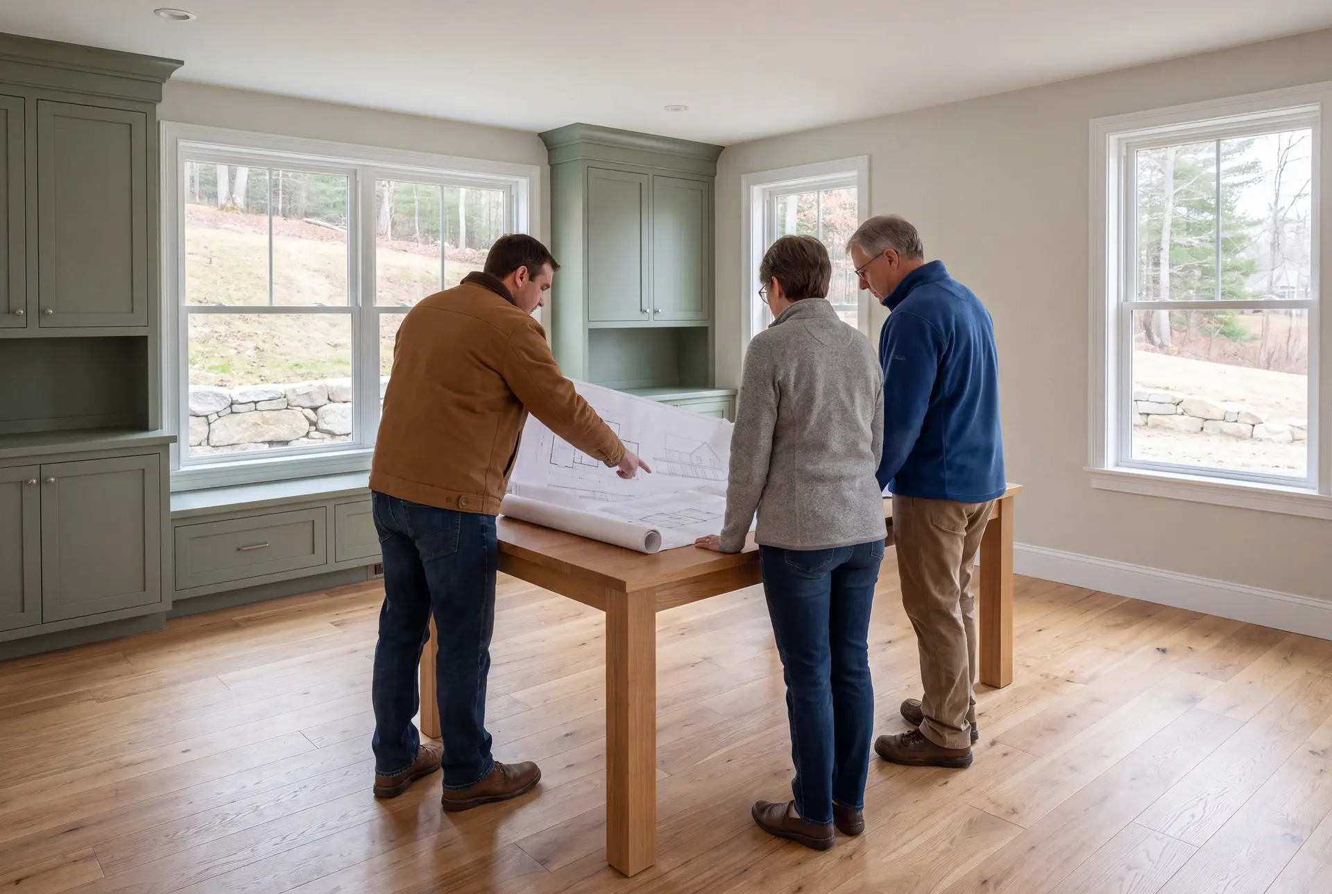 Illustration: Three people, a builder and two homeowners, reviewing architectural drawings on a table in a finished living room with sage green cabinets and oak floors