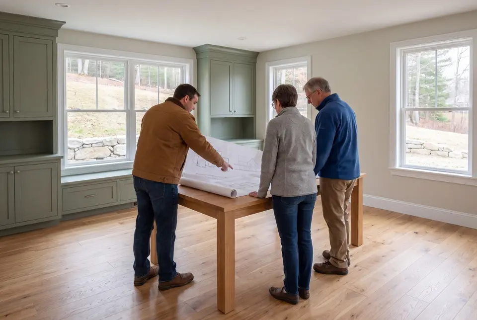 Illustration: Three people, a builder and two homeowners, reviewing architectural drawings on a table in a finished living room with sage green cabinets and oak floors