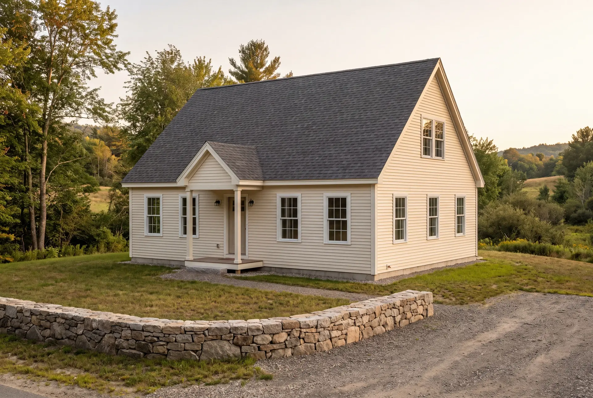 Illustration: A newly built ivory cottage with a dark gray roof, white-trimmed windows, and a covered front entry, situated on a grassy lawn with a stone wall and gravel driveway