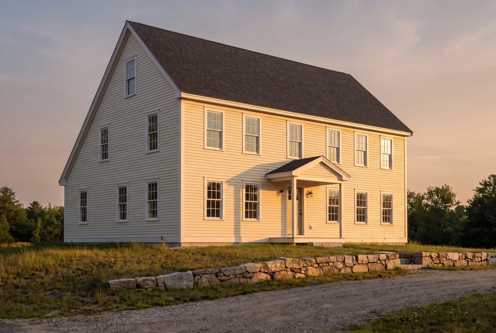Illustration: A traditional New England saltbox house with ivory siding and a dark roof, viewed from a three-quarter angle at sunset