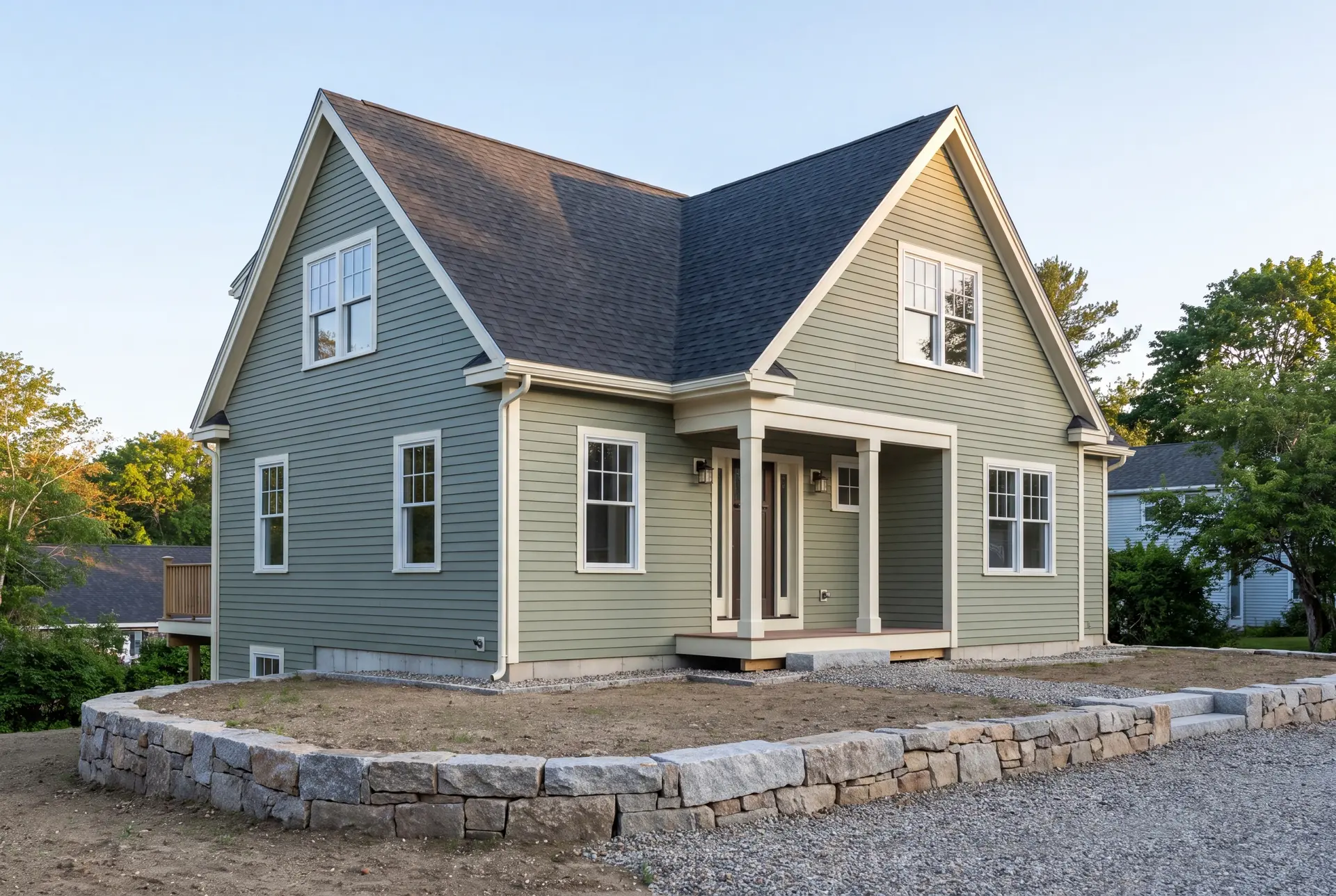 Illustration: A newly built sage green cottage with a dark gray roof and white trim, viewed from the front and side, with a stone wall in the foreground