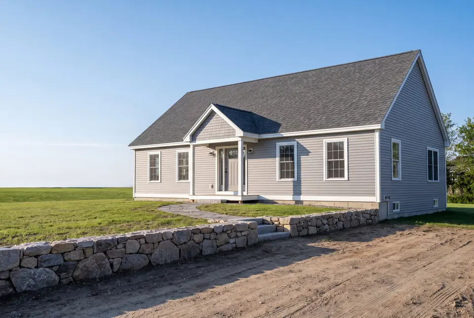 Illustration: A newly built gray ranch house with a charcoal roof, white-trimmed windows, and a covered entry, set on a green lawn with a stone wall and dirt path in front