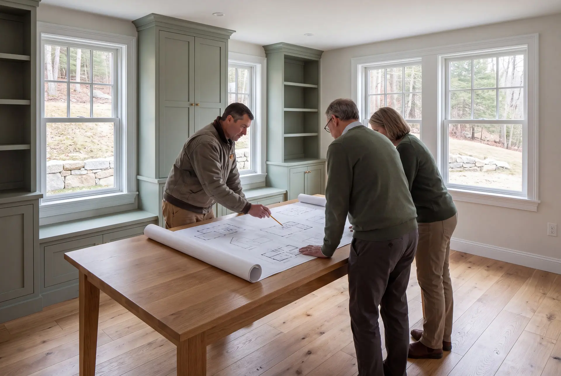 Illustration: Three people, a builder and two homeowners, reviewing blueprints on an oak table in a finished living room with sage green cabinets and oak floors