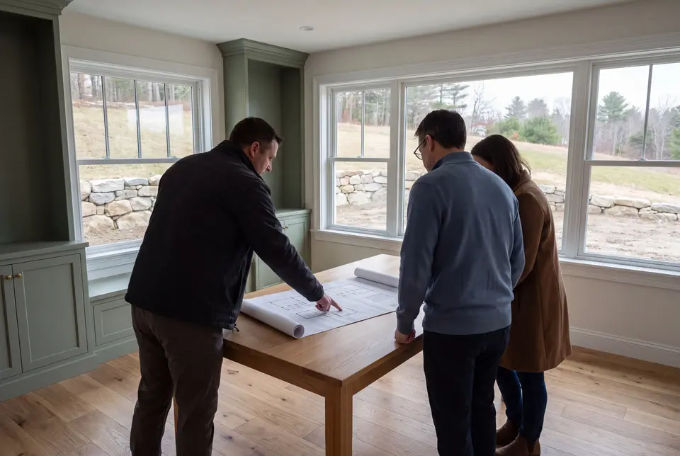 Illustration: Three people, a builder and two homeowners, review architectural drawings on an oak table in a finished living room with sage green cabinets and oak floors