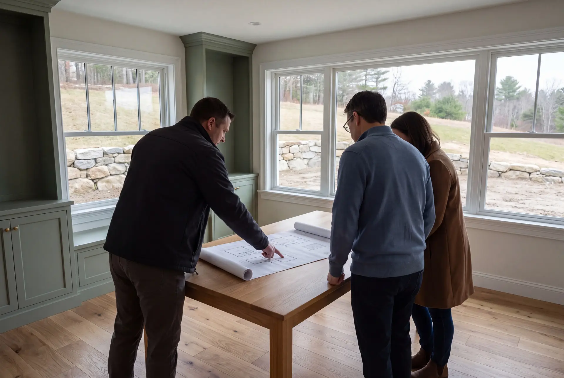 Illustration: Three people, a builder and two homeowners, review architectural drawings on an oak table in a finished living room with sage green cabinets and oak floors