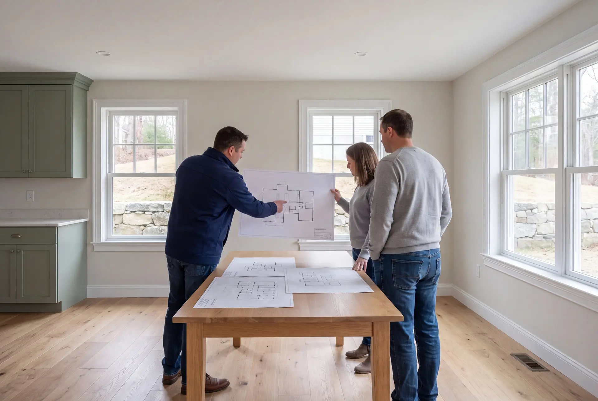 Illustration: Three people, a man and two homeowners, review architectural drawings on an oak table in a newly finished living room with sage green cabinets and oak floors