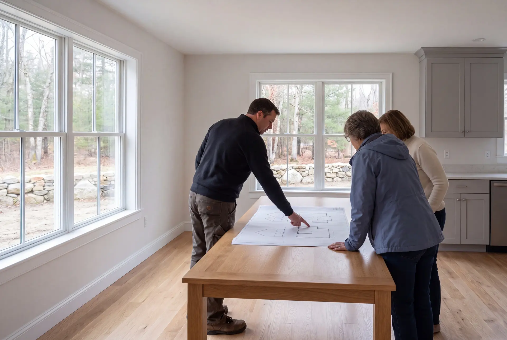 Illustration: Three people, a man and two women, look at architectural drawings on a wooden table in a new living room with oak floors and gray cabinets