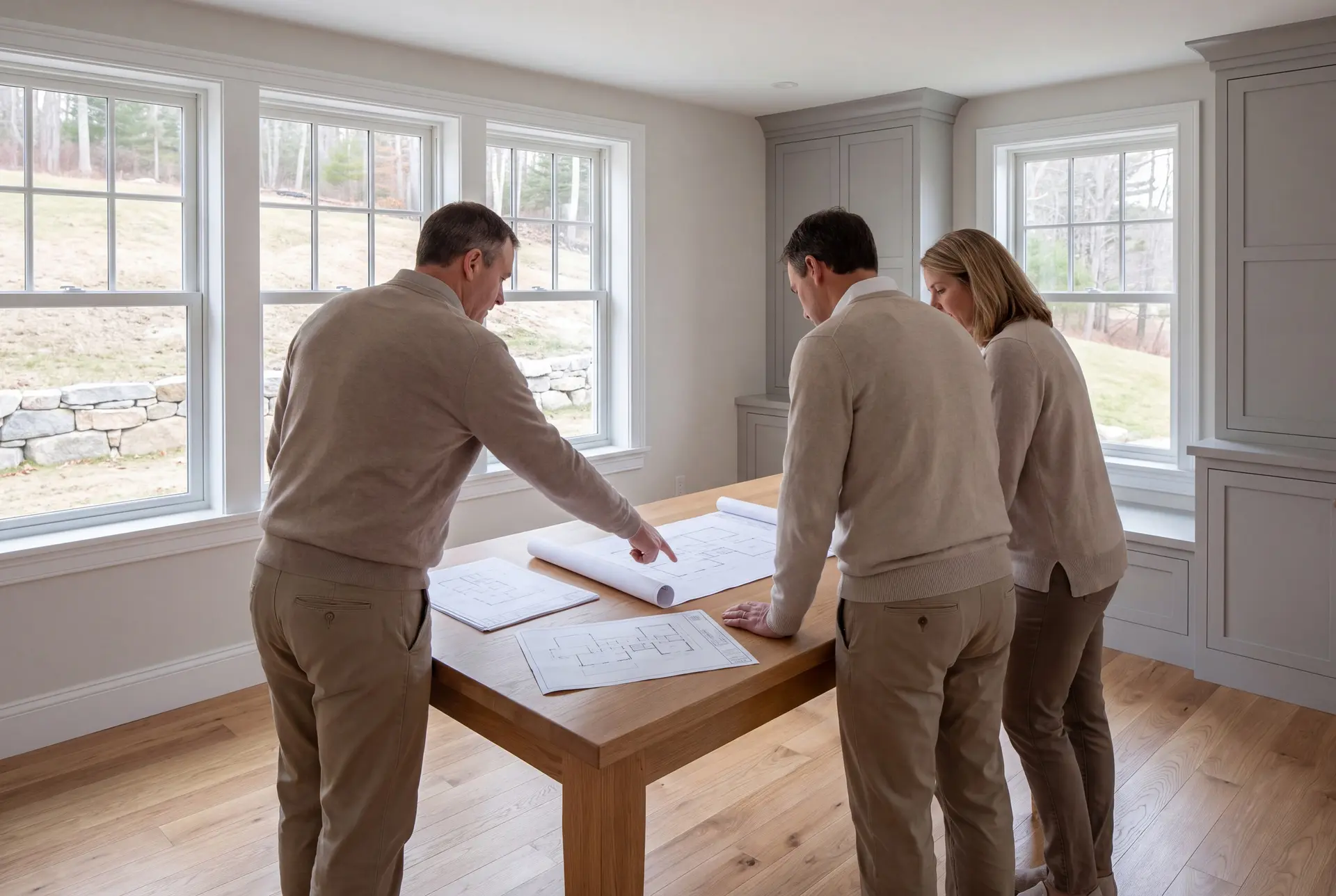 Illustration: Three adults, a builder and two homeowners, review abstract floor-plan and elevation line drawings on a plain oak table in a spotless finished living room