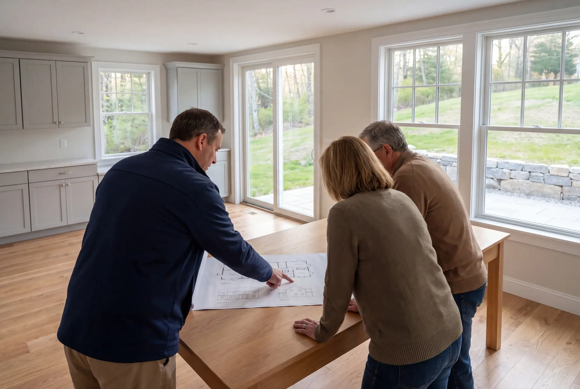 Illustration: Three people, a man and two women, reviewing architectural drawings on a table in a newly finished living room with oak floors and gray cabinets