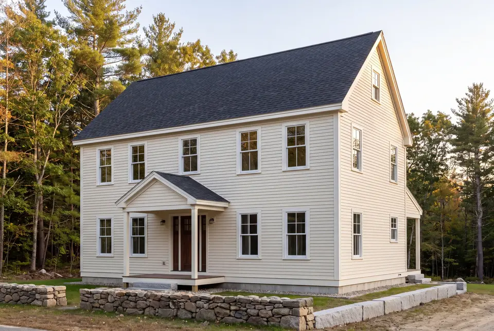 Illustration: A newly built cream-colored farmhouse with a dark roof and white-trimmed windows, surrounded by trees and a stone wall