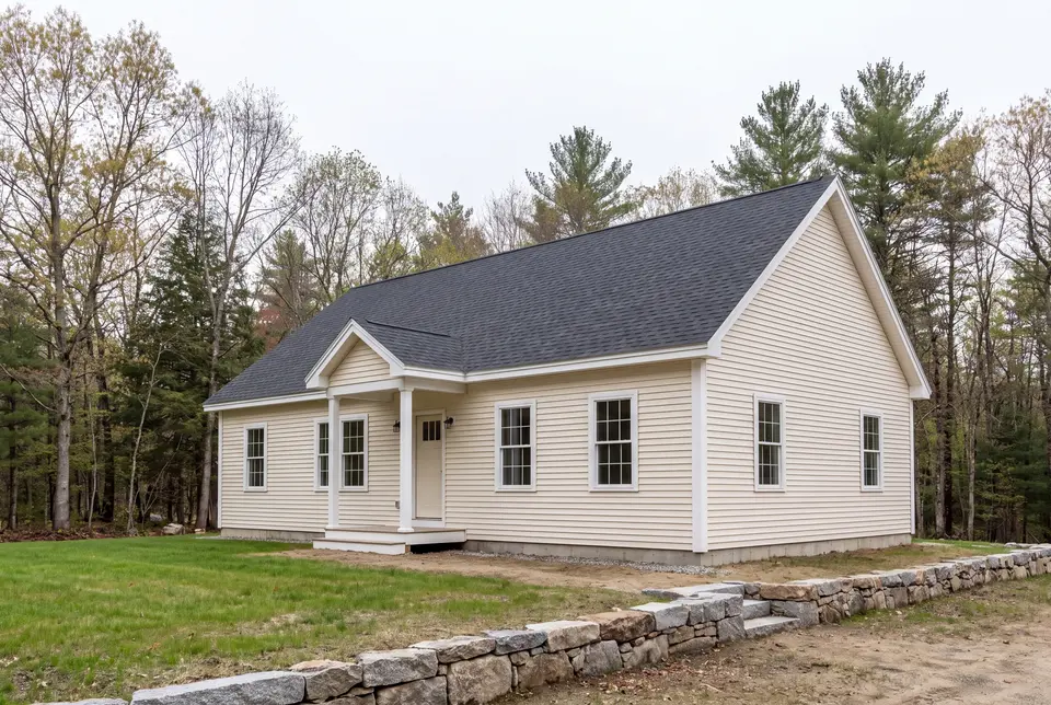 custom home builder in Sanford, ME: illustrative scene, A newly built cream-colored ranch house with a dark gray roof and white trim, seen from a three-quarter angle, with a stone wall in the foreground and trees in the background