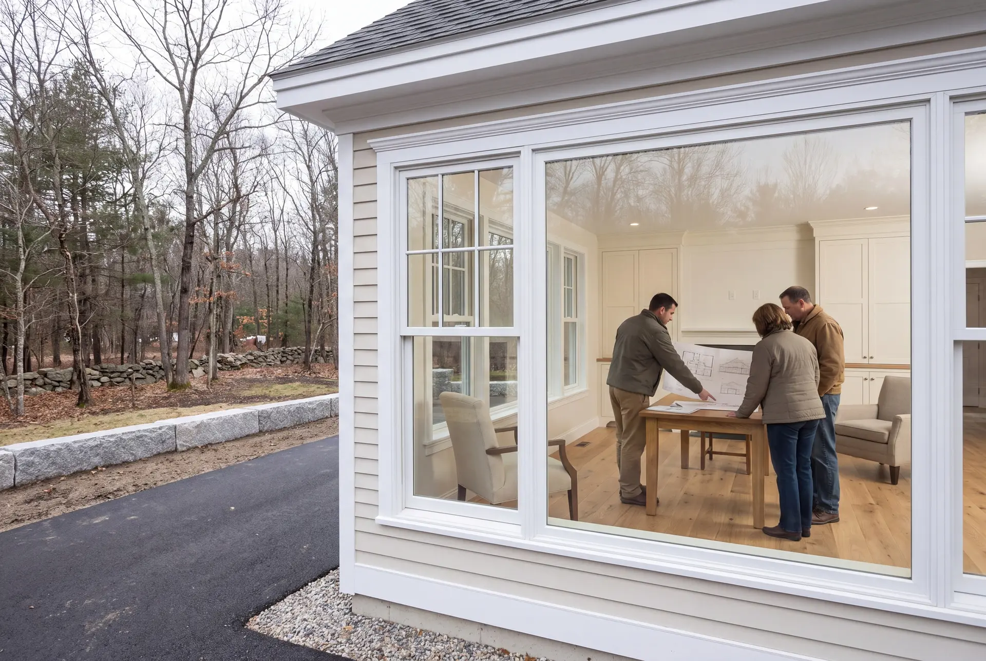 Illustration: Three adults, a builder and two homeowners, review abstract floor-plan and elevation line drawings on a plain oak table in a spotless finished living room with pale cream cabinetry accents, white-trimmed windows and new oak floors