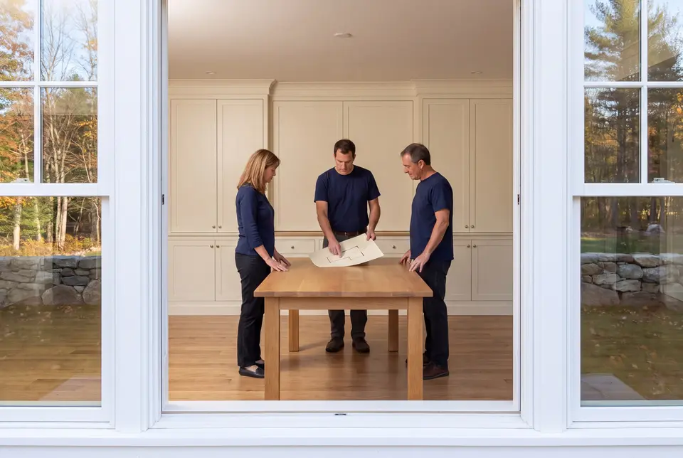 Illustration: Three people in navy shirts and dark pants stand around a wooden table, looking at a blueprint. The room has cream cabinets and oak floors, visible through a large window showing autumn trees and a stone wall