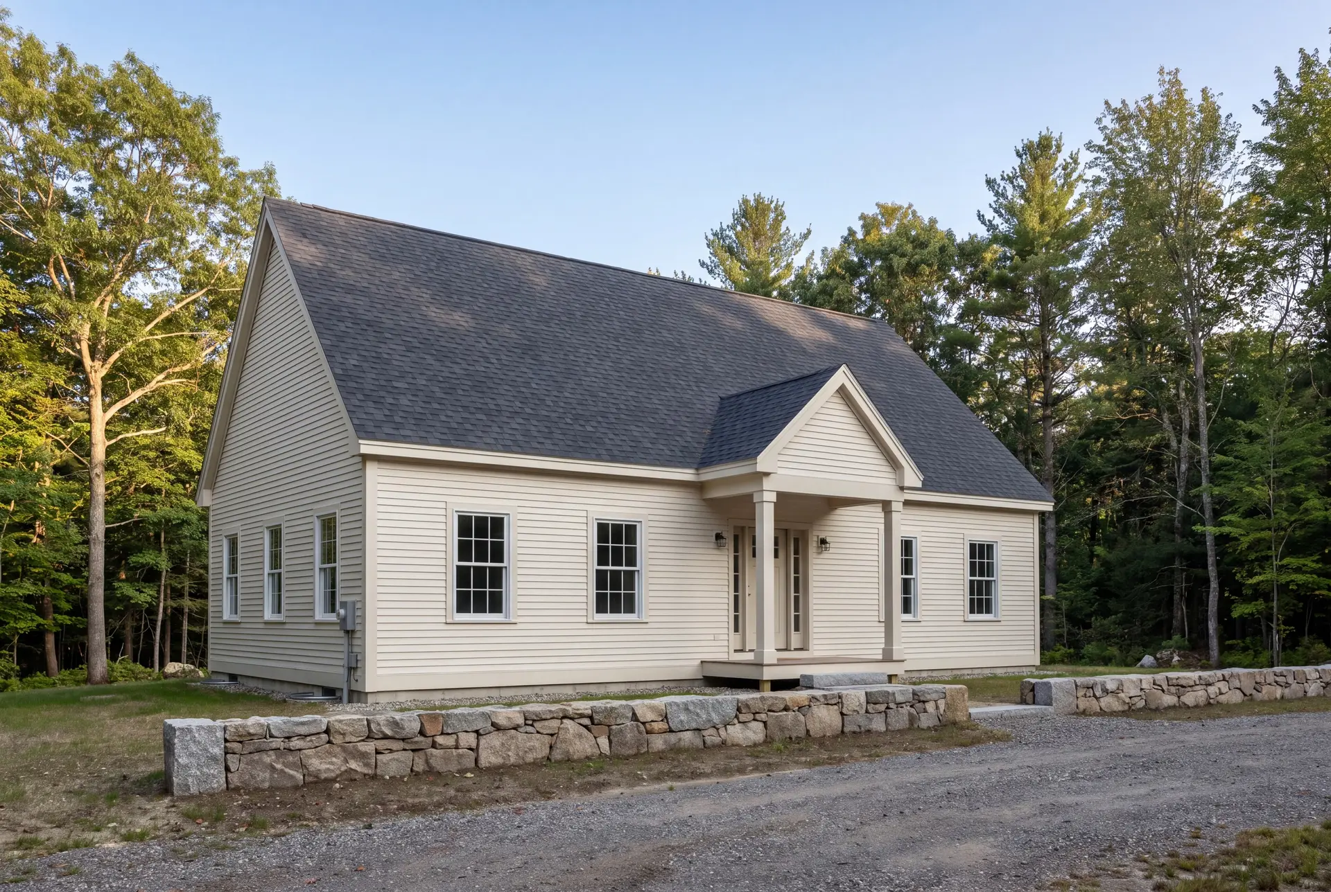 Illustration: A newly built single-story house with cream siding and a dark gray roof, featuring a covered porch and white-trimmed windows, set against a backdrop of trees and a gravel driveway