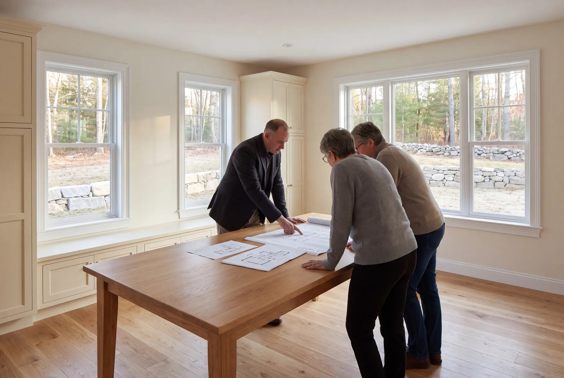 Illustration: A builder points to a floor plan on an oak table while two homeowners look on in a finished living room with oak floors and cream cabinetry