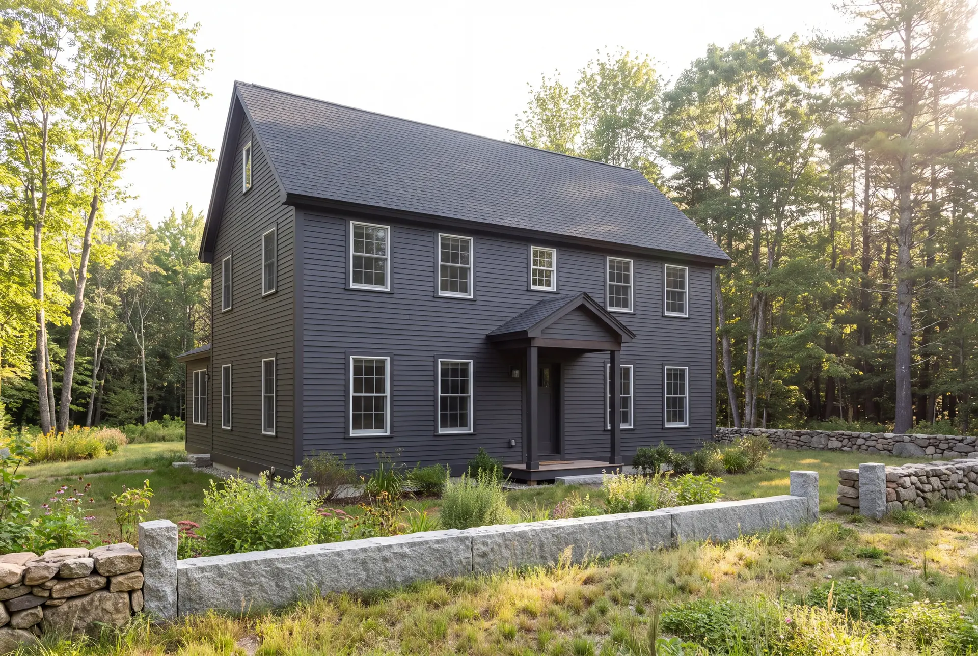 Illustration: A dark charcoal farmhouse with white-trimmed windows and a covered entry, surrounded by trees and a stone wall