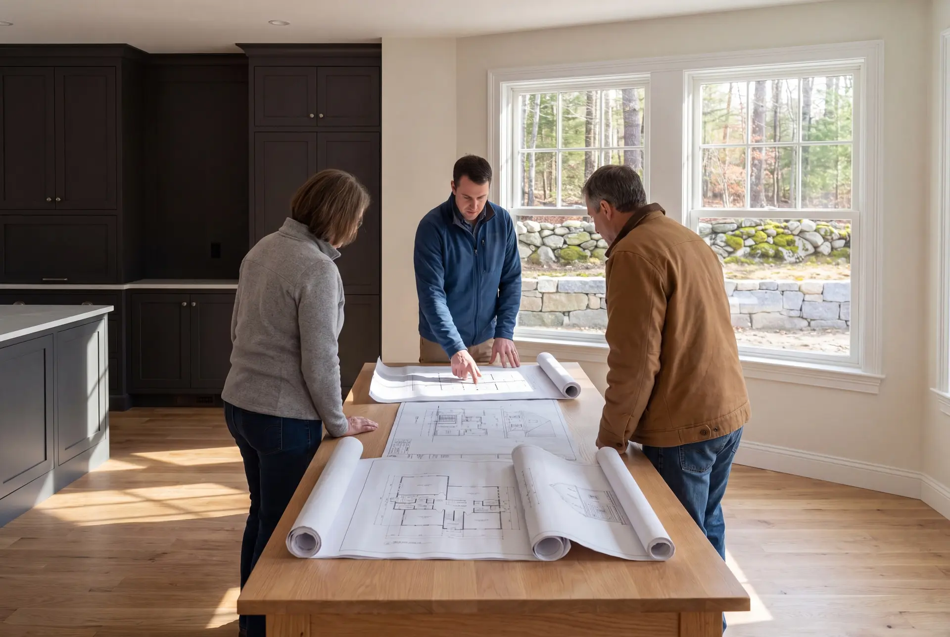 Illustration: Three people, a builder and two homeowners, reviewing architectural drawings on a table in a finished living room with dark cabinets and oak floors