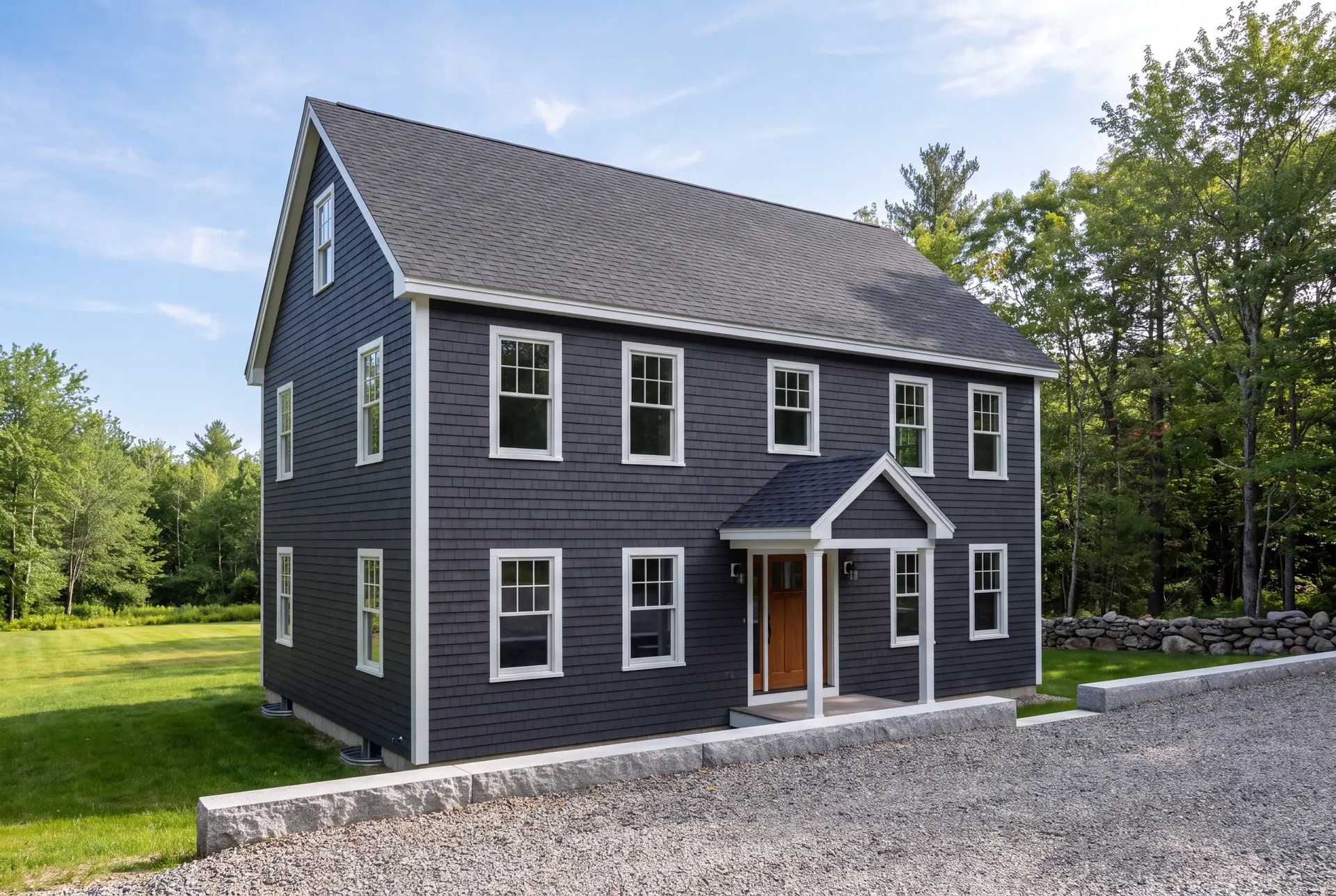 Illustration: A newly built two-story shingle-style house with dark gray siding, white trim, and a dark gray roof, set against a backdrop of green trees and a blue sky