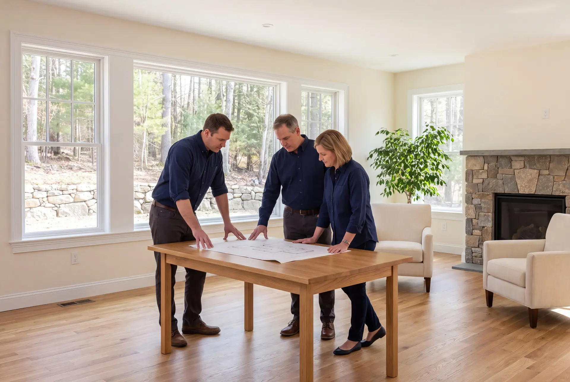 Illustration: Three adults in navy shirts and dark trousers stand around a light oak table, studying architectural plans in a finished living room with large windows, a stone fireplace, and cream chairs