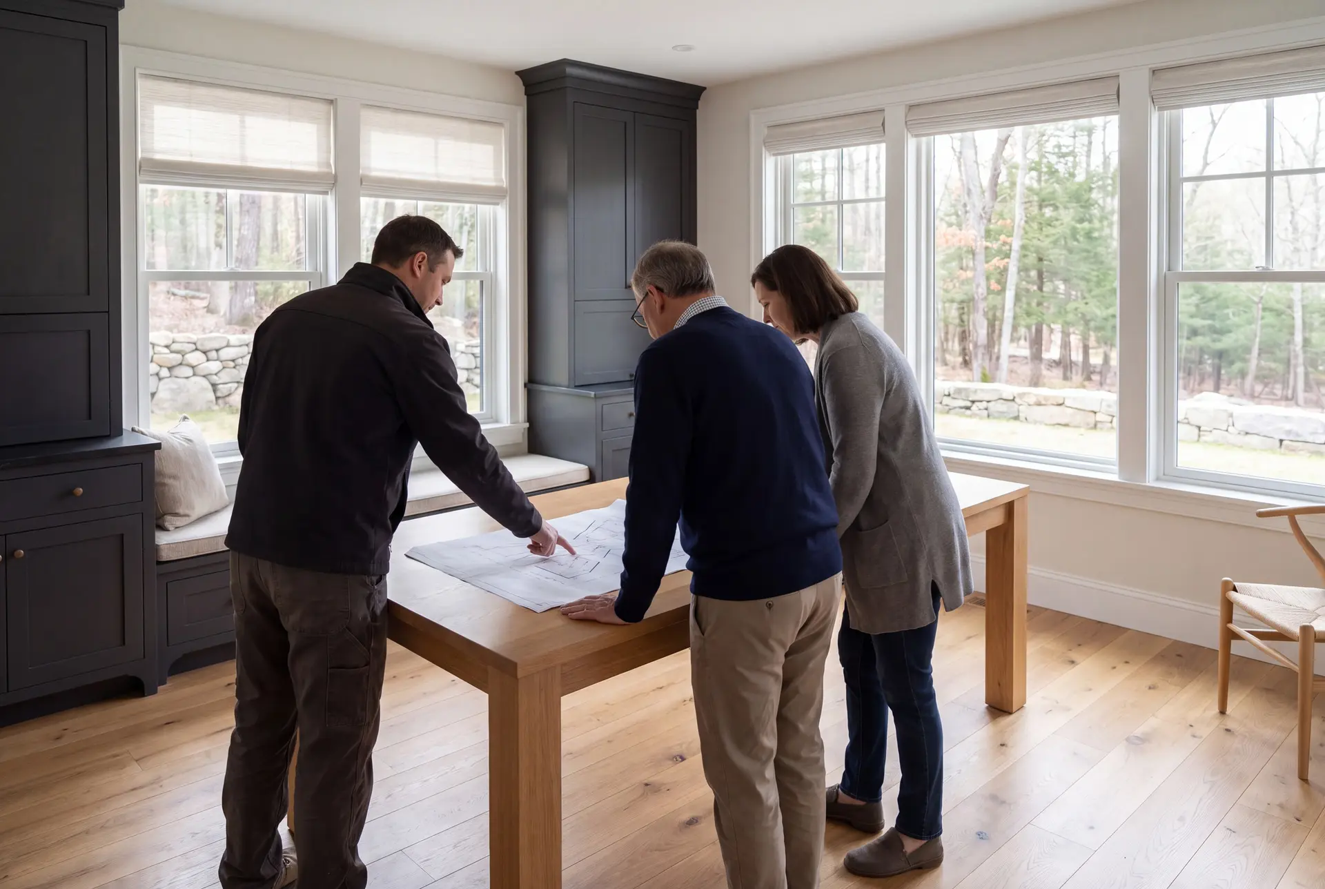 Illustration: Three people, a builder and two homeowners, review architectural drawings on a table in a modern living room with large windows and dark cabinetry