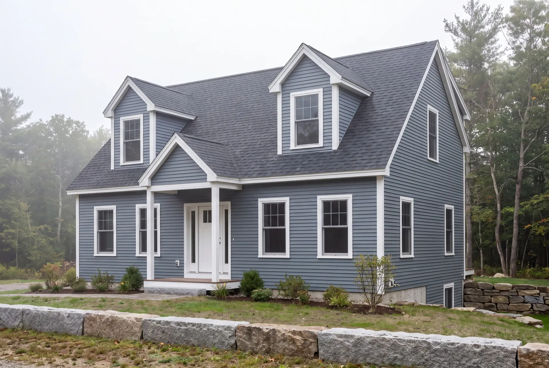 Illustration: A newly constructed Cape-style house with blue-gray siding, a dark gray roof, and white trim, viewed from a three-quarter angle