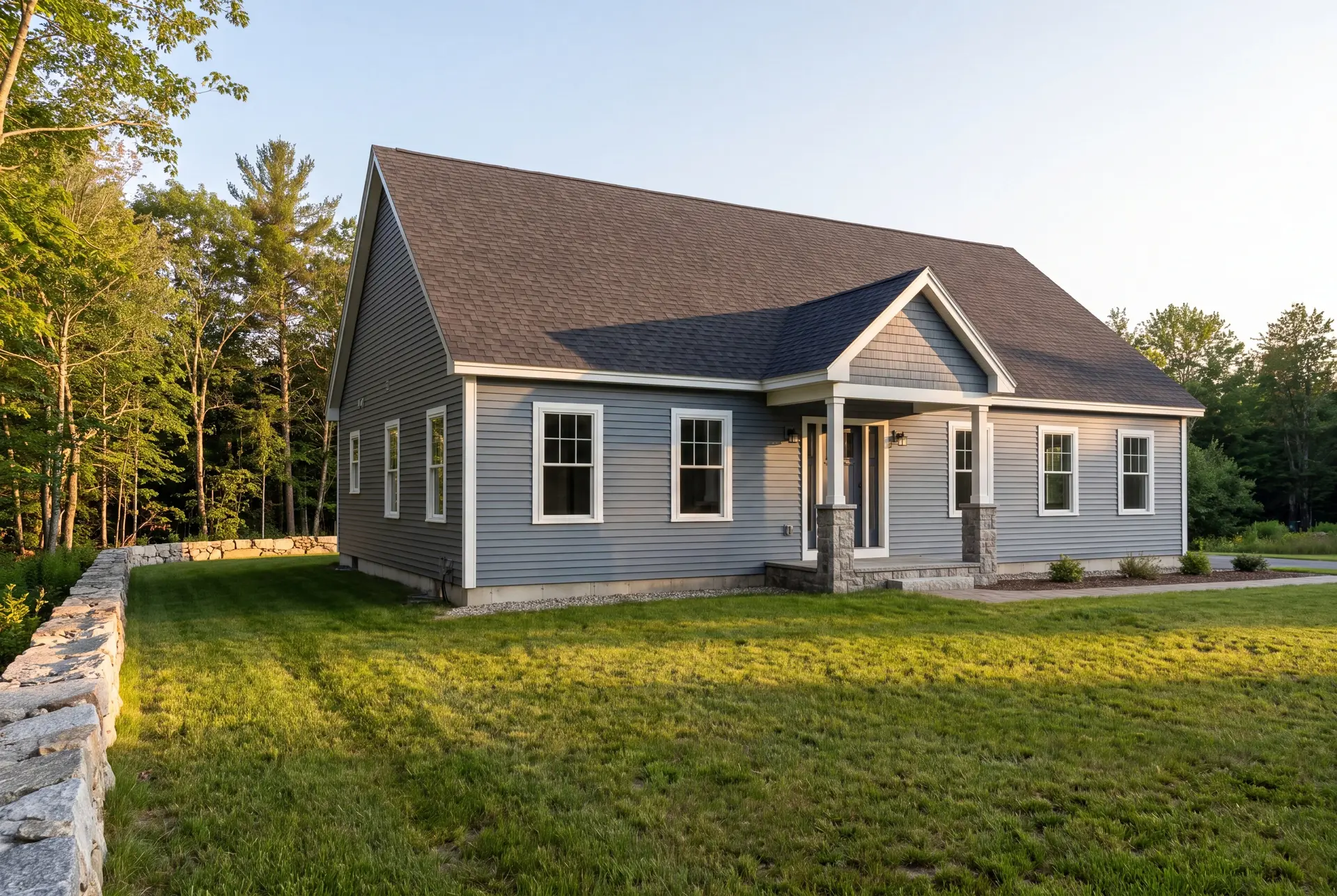Illustration: A newly built single-story house with blue-gray siding, a dark roof, and a covered front porch, surrounded by green grass and trees