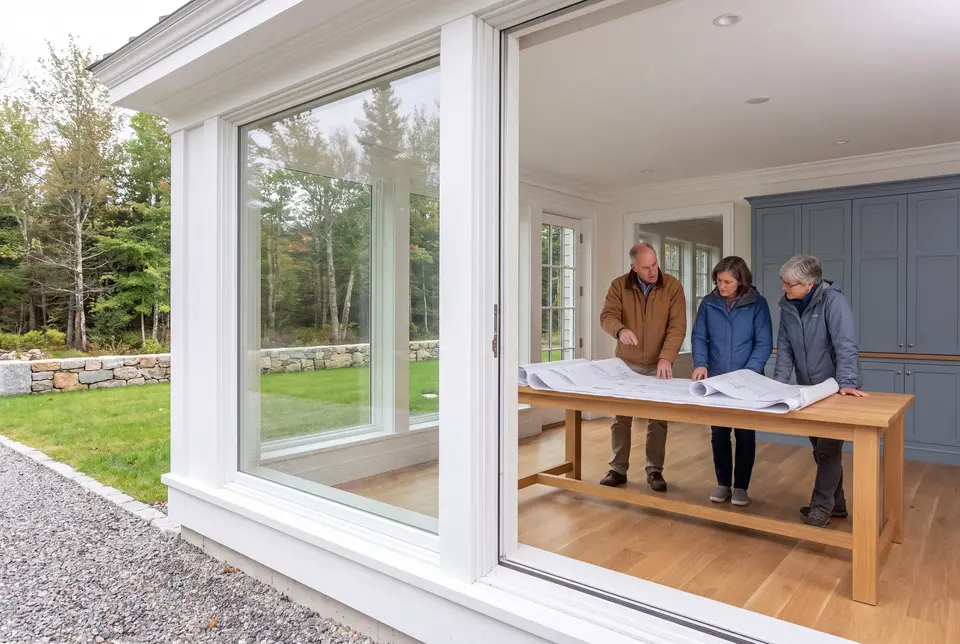 Illustration: Three adults reviewing architectural plans on a table in a modern living room with large windows overlooking a natural landscape