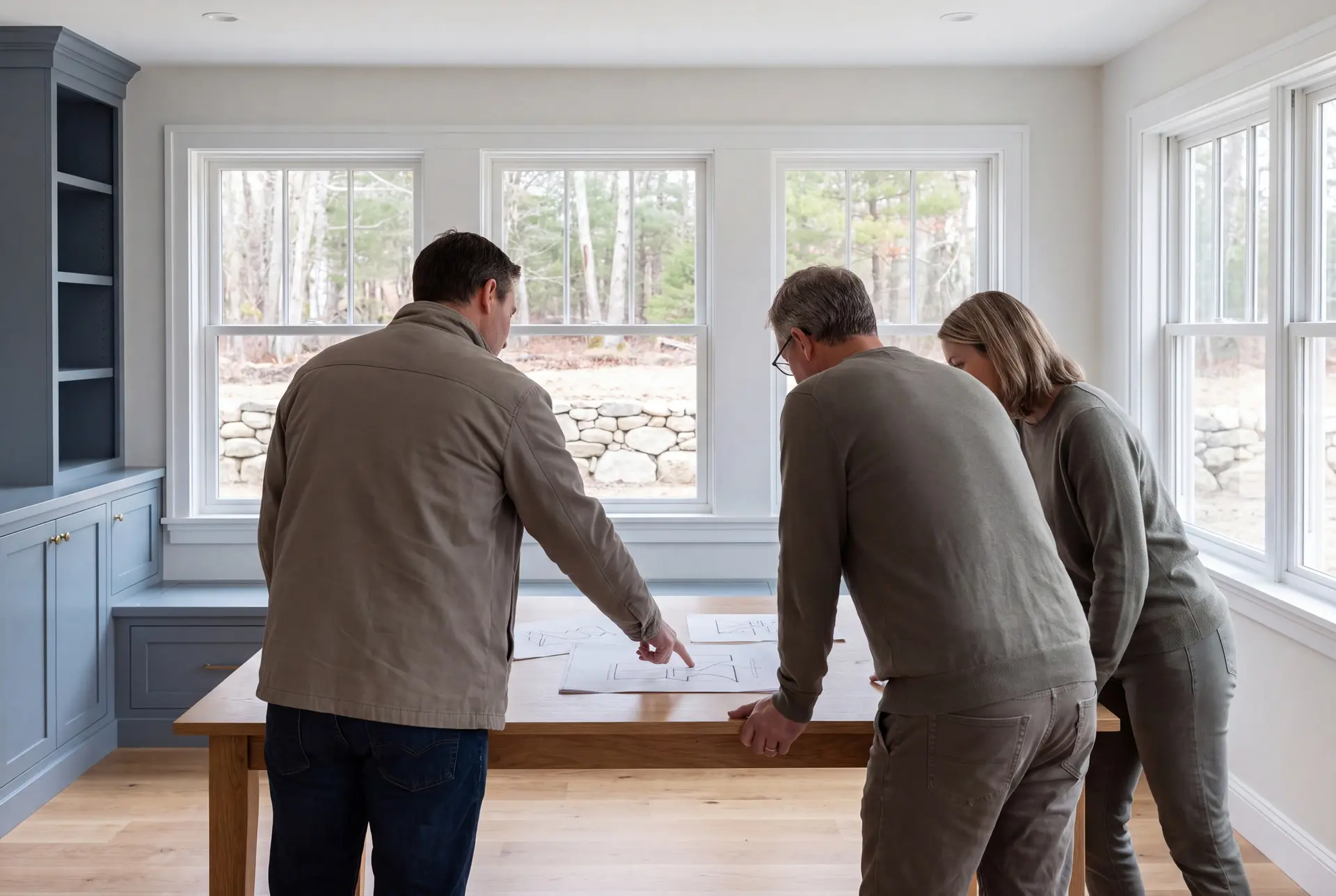 Illustration: Three people, a man in a tan jacket and two others in green-gray clothing, stand around an oak table in a living room, looking at architectural drawings. The room has blue-gray cabinets, white windows, and oak floors