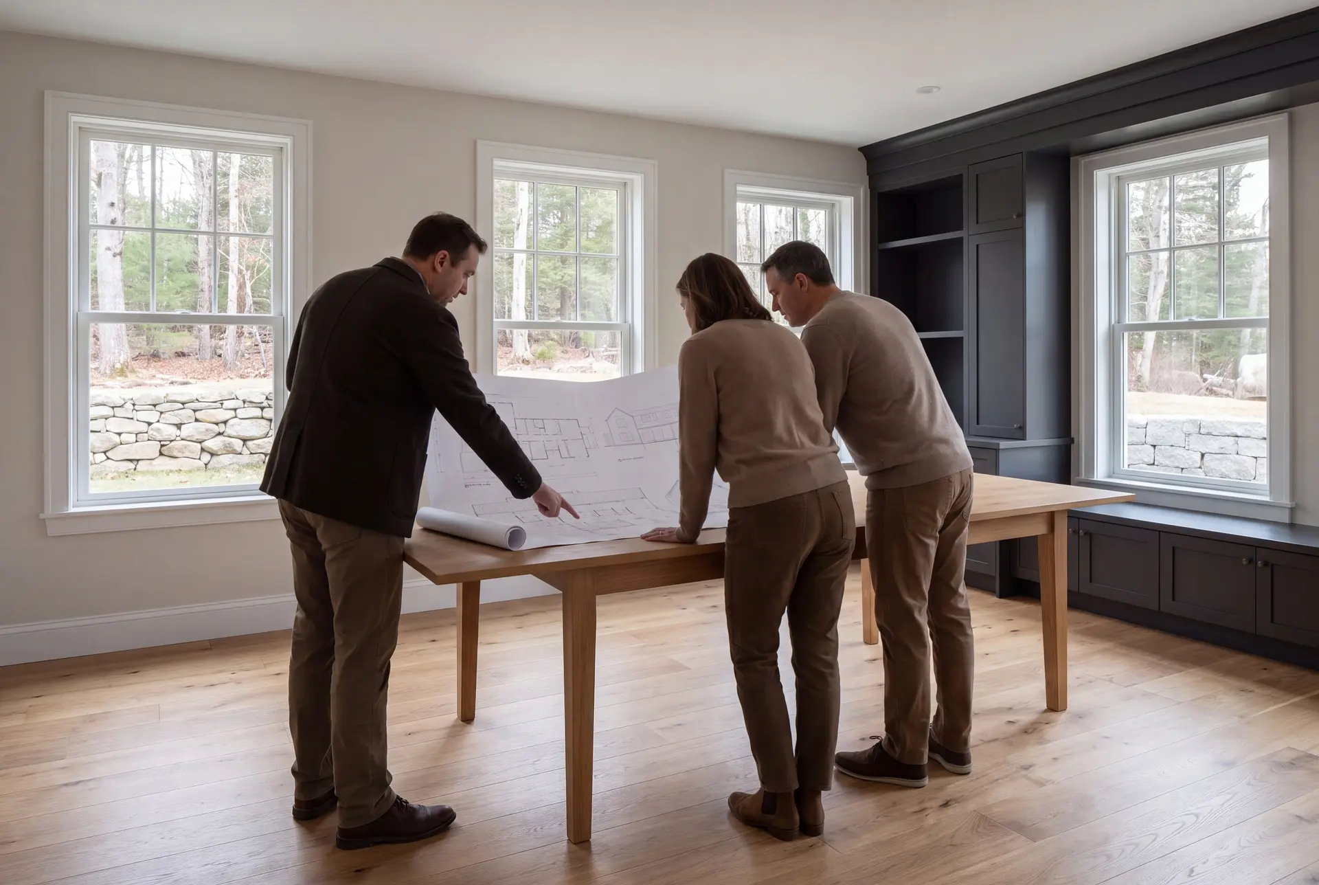 Illustration: Three people, a builder and two homeowners, reviewing blueprints on an oak table in a finished living room with dark cabinetry and oak floors