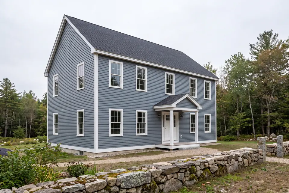 Illustration: A newly built two-story Colonial house with blue-gray siding and a dark roof, viewed from a three-quarter angle, with a stone wall in the foreground