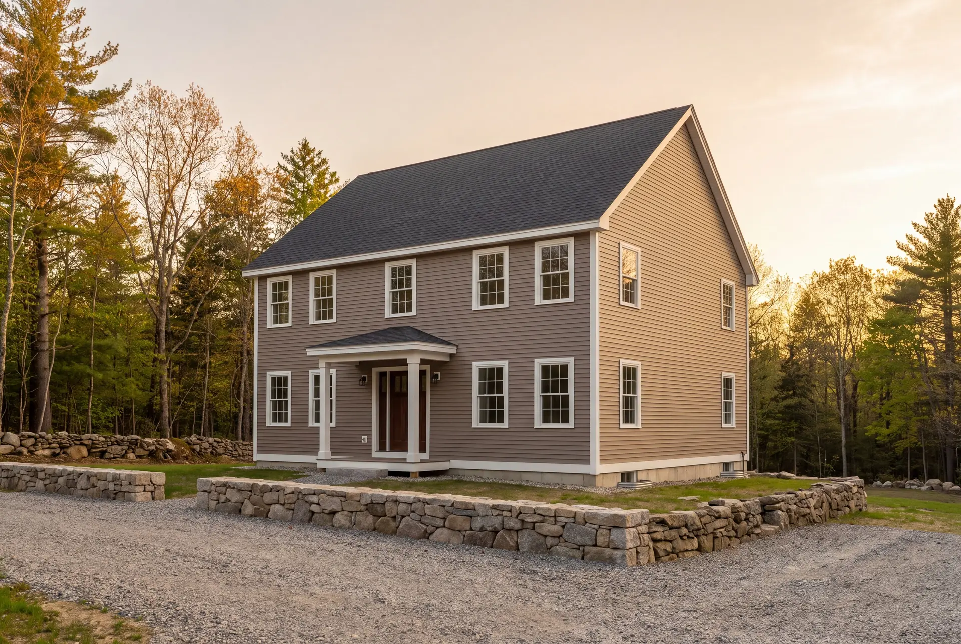 Illustration: A newly built two-story Colonial house with taupe siding and a dark roof, seen from a three-quarter view with a gravel driveway and stone walls in front