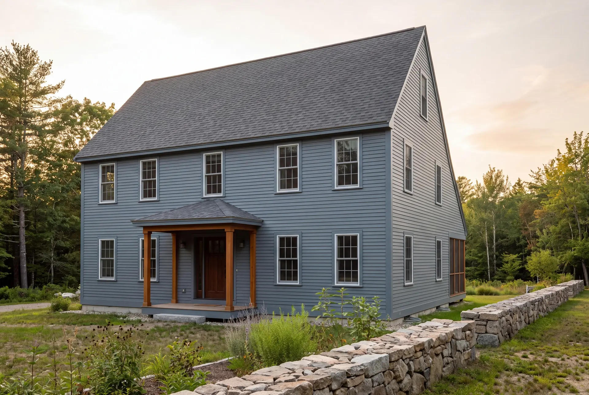 Illustration: A traditional New England saltbox house with blue-gray siding and a dark gray roof, seen from a three-quarter view, surrounded by greenery and a stone wall