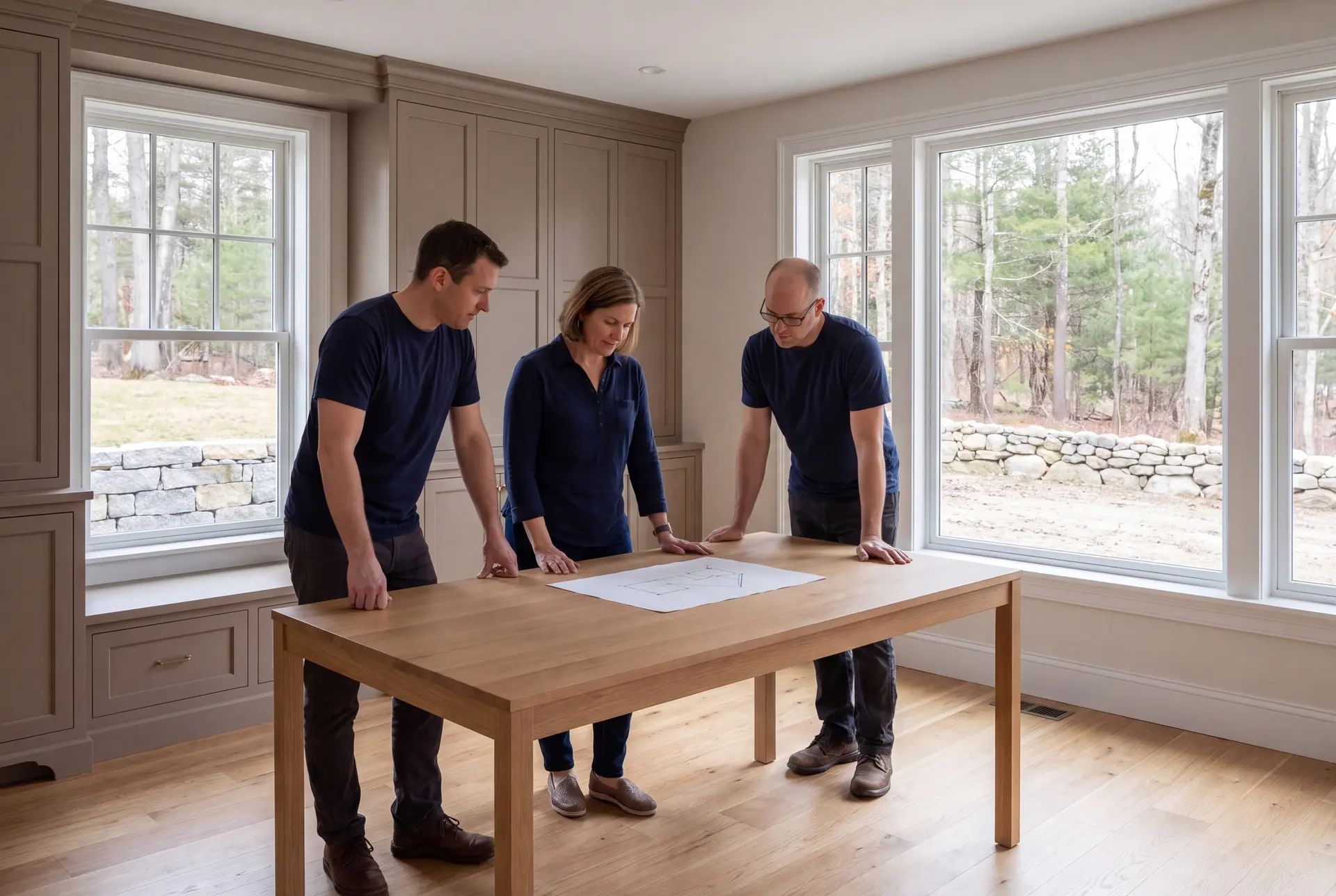 Illustration: Three people in navy shirts and dark pants stand around a wooden table, looking at a blueprint in a finished living room with large windows and built-in cabinets