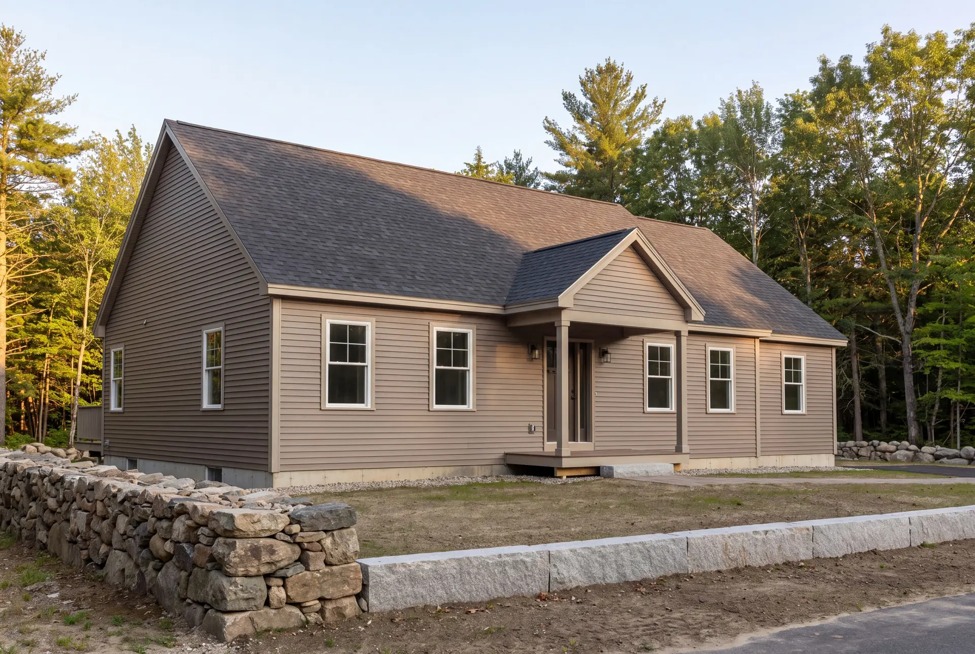 Illustration: A newly built one-story ranch house with taupe siding and a dark gray roof, viewed from a three-quarter angle showing the front and one side. A stone wall is in the foreground