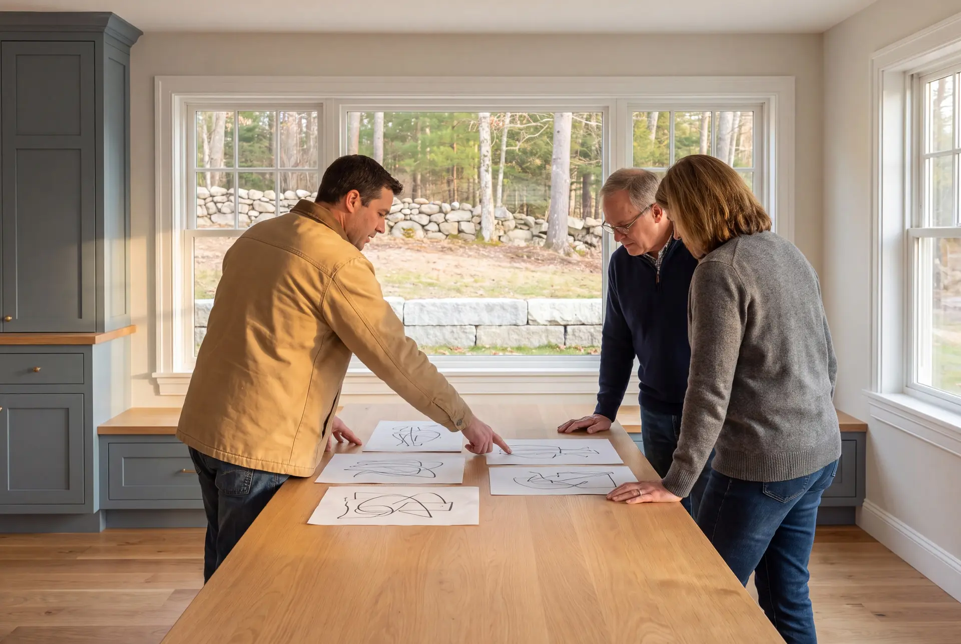 Illustration: Three adults, a builder and two homeowners, reviewing abstract floor-plan and elevation line drawings on a plain oak table in a finished living room