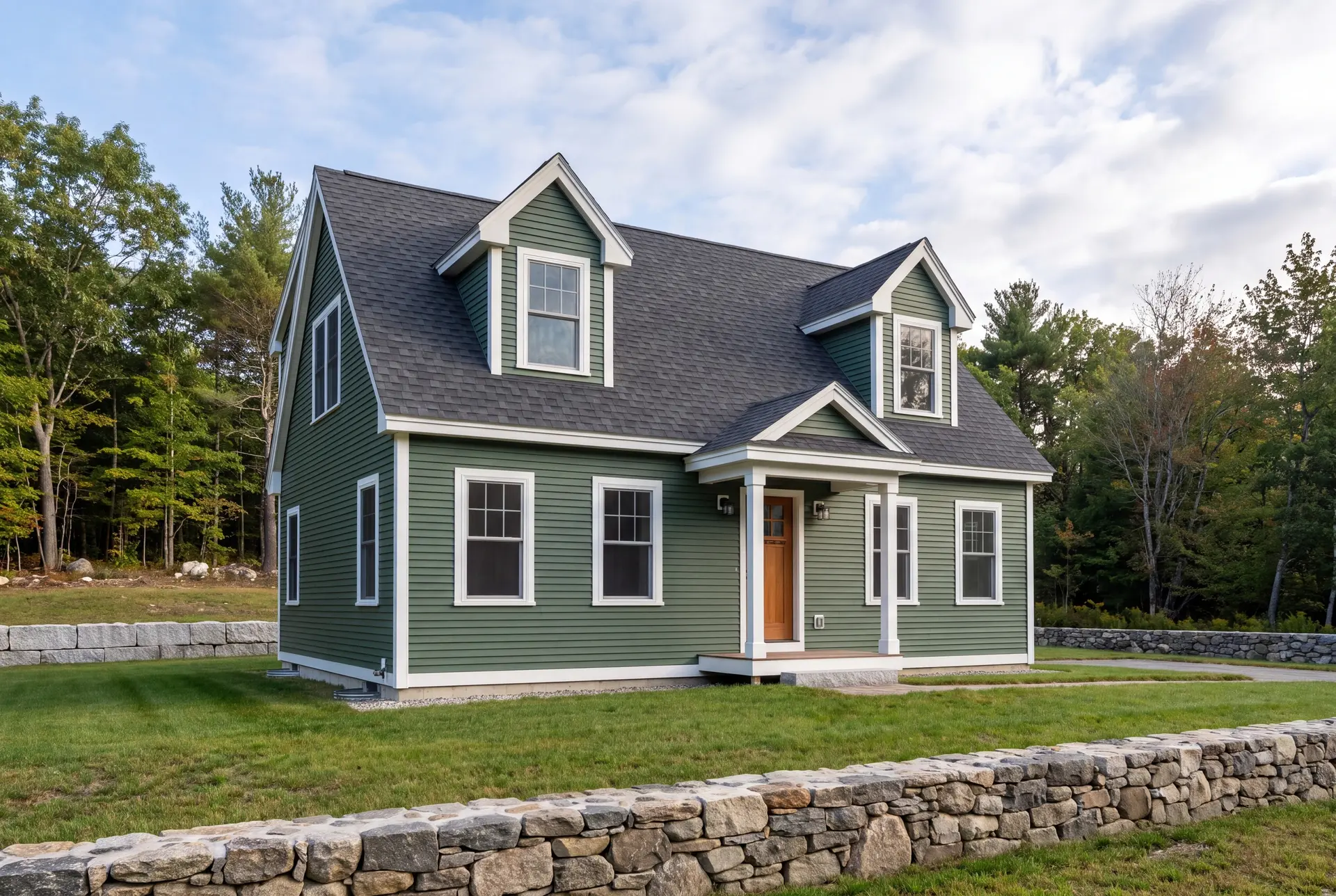 Illustration: A newly built green Cape house with a dark roof and white trim, set against a backdrop of trees and a partly cloudy sky