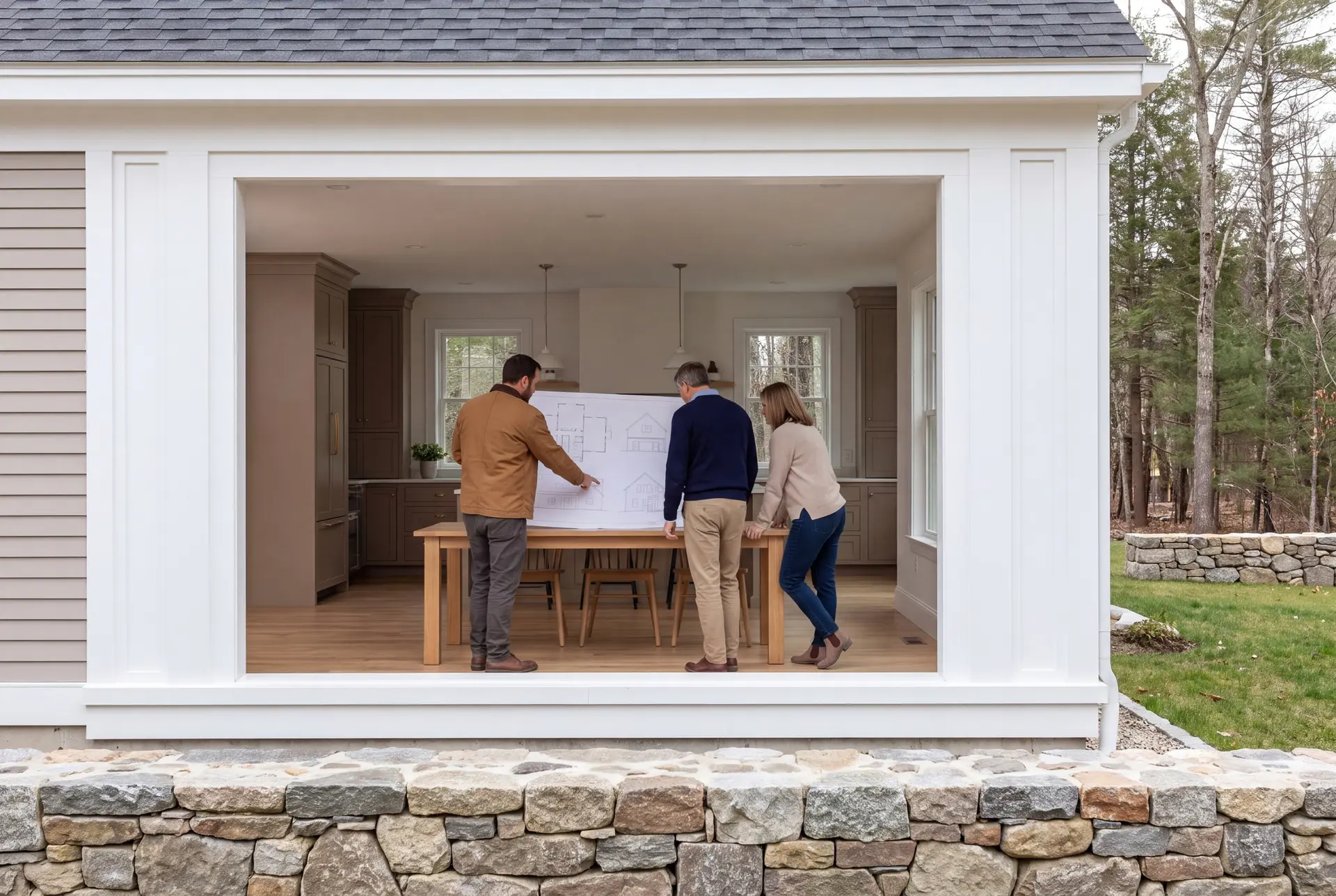 Illustration: Three people, a builder and two homeowners, review architectural drawings on a table in a finished living room with taupe cabinets and oak floors