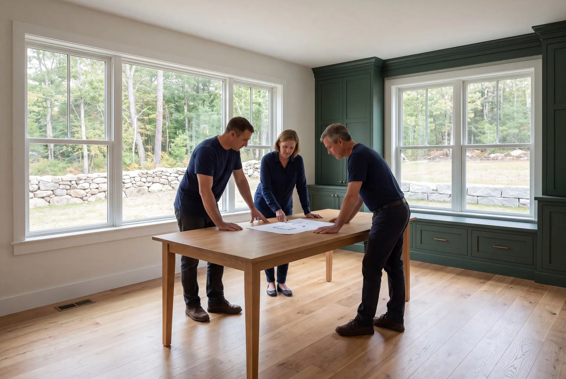 Illustration: Three people in navy shirts and dark trousers stand around an oak table, looking at a blueprint in a room with oak floors, white walls, and green built-in cabinets