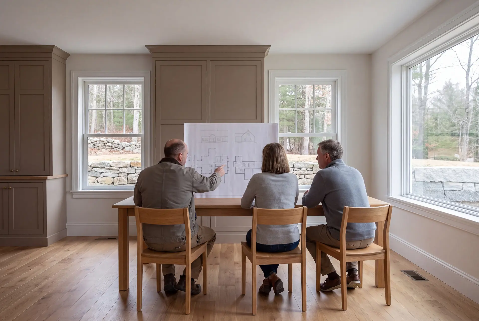 Illustration: Three people, a builder and two homeowners, are seated at a table in a finished living room, reviewing architectural drawings