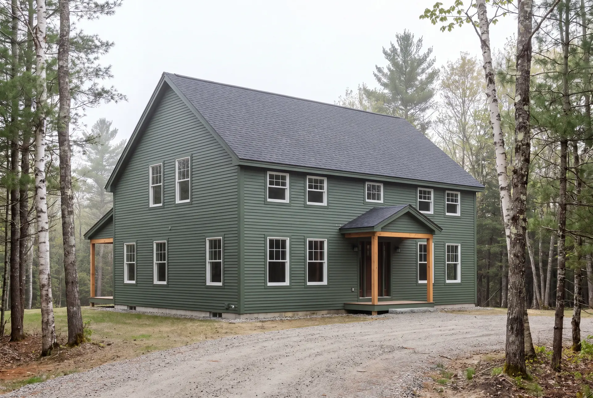 Illustration: A newly built green saltbox house with a dark roof and white windows, surrounded by trees and a gravel driveway