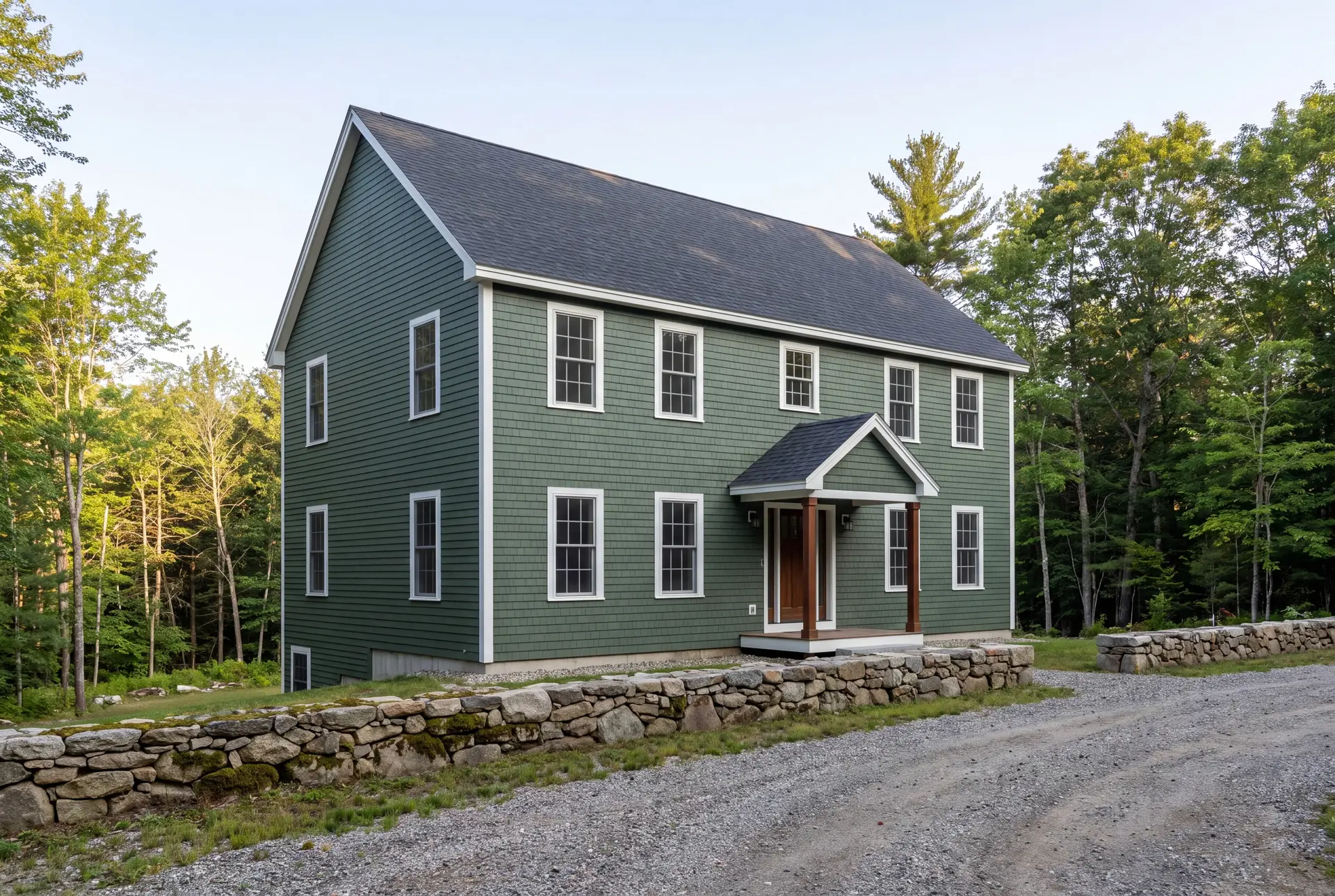 Illustration: A newly built two-story house with green siding and a dark roof, surrounded by trees, with a gravel driveway and a stone wall in the foreground