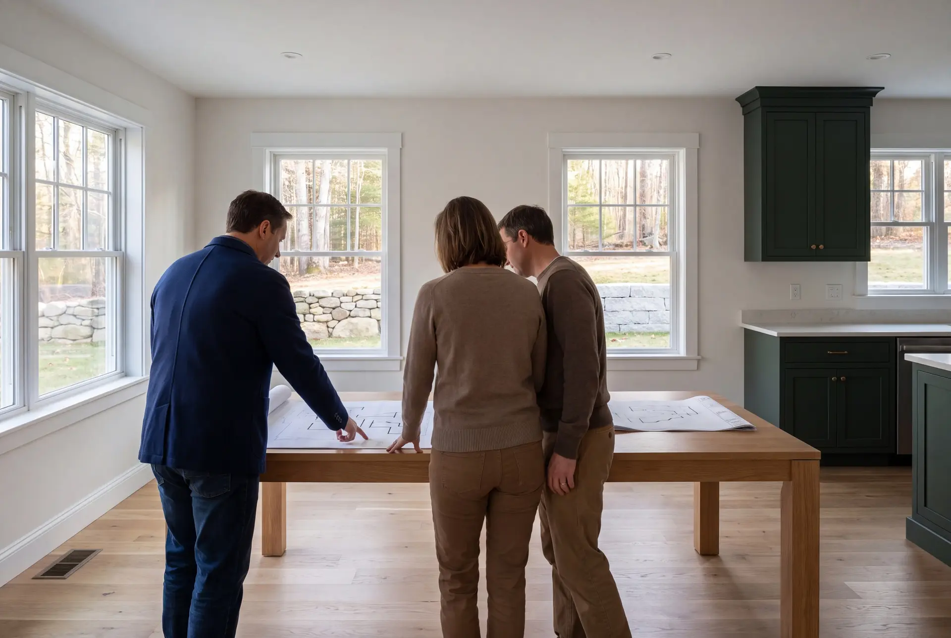 Illustration: Three adults, a builder and two homeowners, reviewing abstract floor-plan and elevation line drawings on a plain oak table in a spotless finished living room with forest green cabinetry accents, white-trimmed windows, and new oak floors