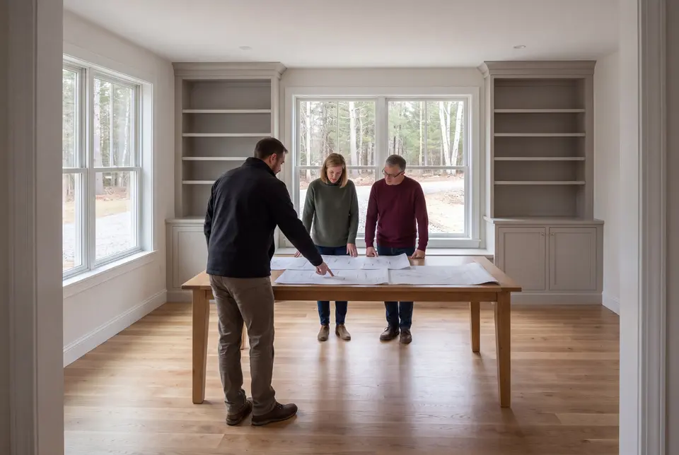 Illustration: Three people, a man pointing at blueprints on a table, with a woman and another man looking on, in a finished room with oak floors and built-in cabinetry