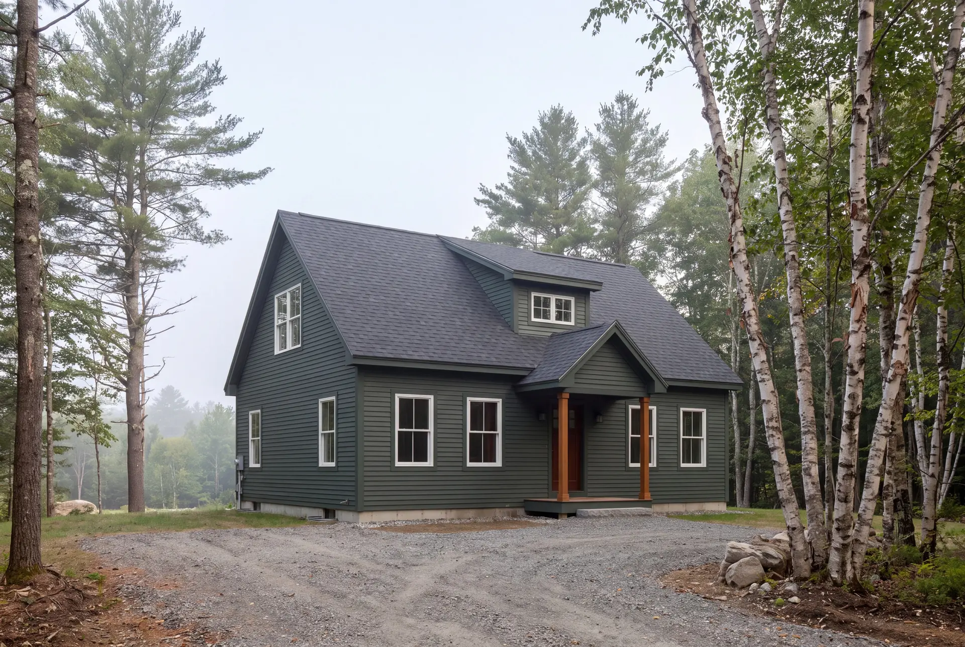 Illustration: A forest green cottage with a charcoal roof and white-trimmed windows, featuring a covered wooden entry, is nestled among trees on a gravel lot under a hazy sky