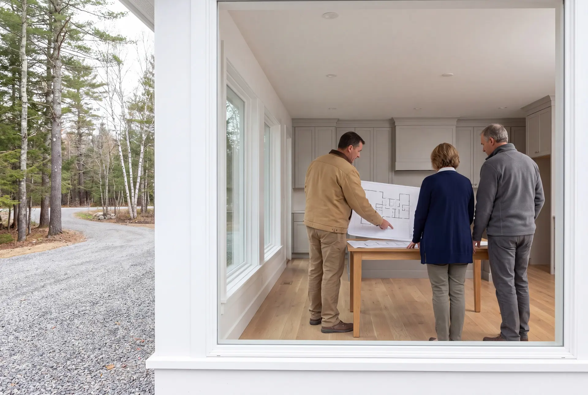 Illustration: Three people, a builder and two homeowners, reviewing architectural drawings on a table in a modern living room with oak floors and gray cabinets, viewed through a large window