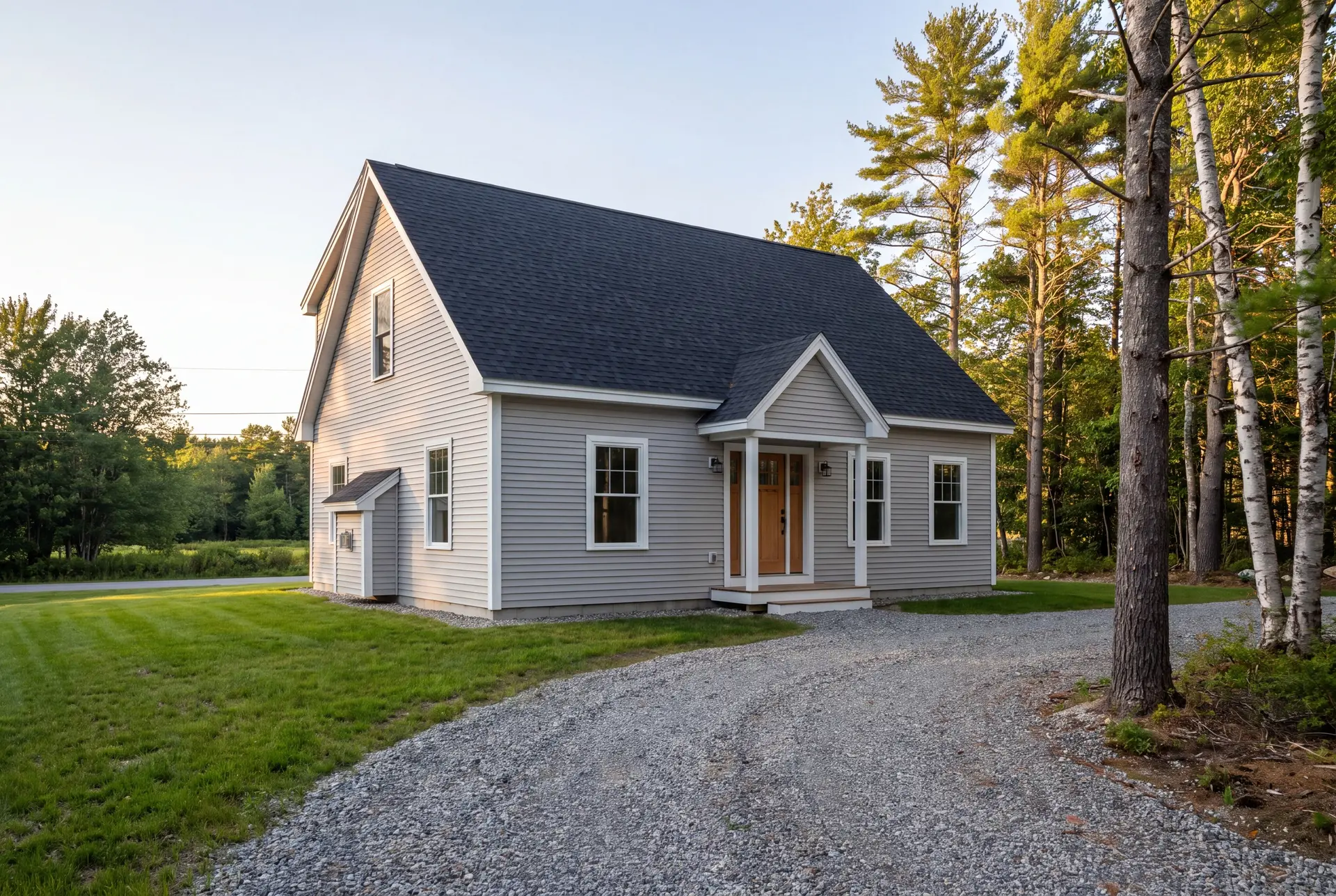 Illustration: A newly built gray cottage with a dark roof and a gravel driveway, surrounded by trees and grass under a clear sky