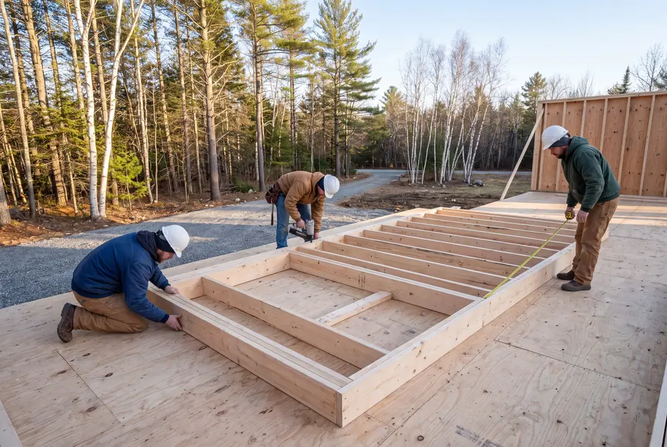 Illustration: Three construction workers in hard hats and work clothes are building a wooden wall frame on a plywood subfloor outdoors, surrounded by trees